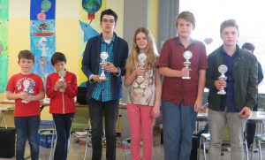 Die Sieger in Ulm v.l.n.r.: Nikolas Wildermuth (U10), Jan Philipp Rechner (U8), Patrick Bossinger (U18), Hannah Zell (U12), Philipp Lerche (U14) und Daniel Walter (U16) 
